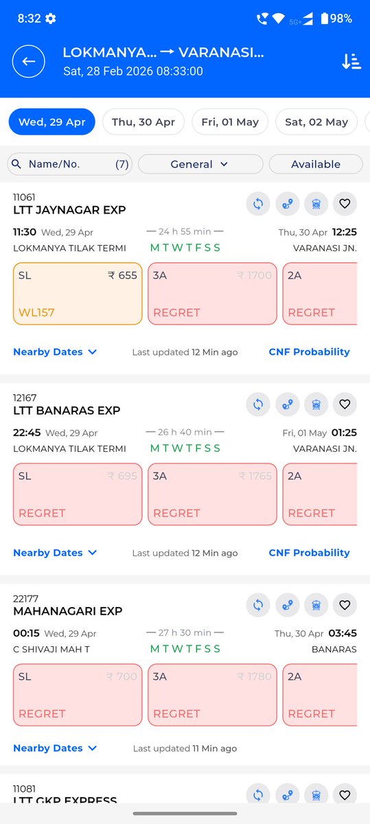Ay912063Ayush's tweet image. #IndianRailways #railminister,#Trending #TrendingNow  #PublicUpdates  #sarthakgoswami #deshbhakt  #NewsUpdate ..Train ticket (Mumbai to Up). General public Unable to book tickets even for 2 month later dates.Even very less seats are being allotted and booking faster than tatkal.
