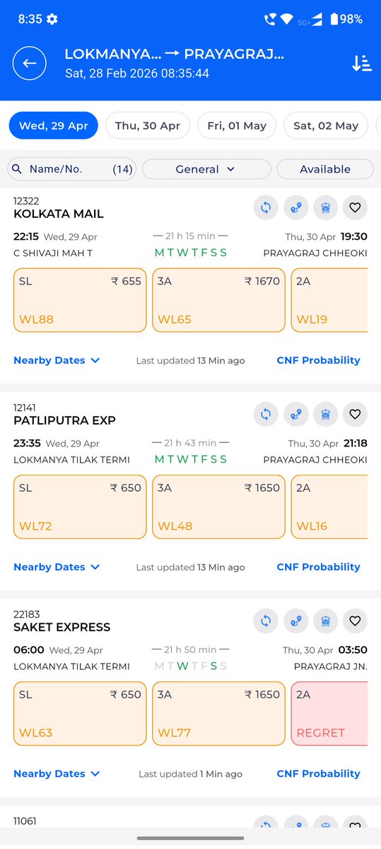 Ay912063Ayush's tweet image. #IndianRailways #railminister,#Trending #TrendingNow  #PublicUpdates  #sarthakgoswami #deshbhakt  #NewsUpdate ..Train ticket (Mumbai to Up). General public Unable to book tickets even for 2 month later dates.Even very less seats are being allotted and booking faster than tatkal.