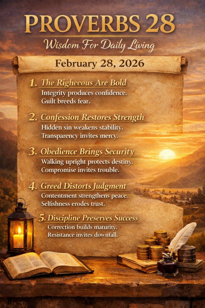 GarronT's tweet photo. PROVERBS 28 — February 28, 2026

Boldness comes from integrity.
Fear comes from compromise.
Confession restores strength.
Discipline preserves success.

High responsibility requires clean thinking.
🦁🔓🛡⚖️🛠

#Proverbs28 #Leadership #Faith https://t.co/ZiBivUYXMH