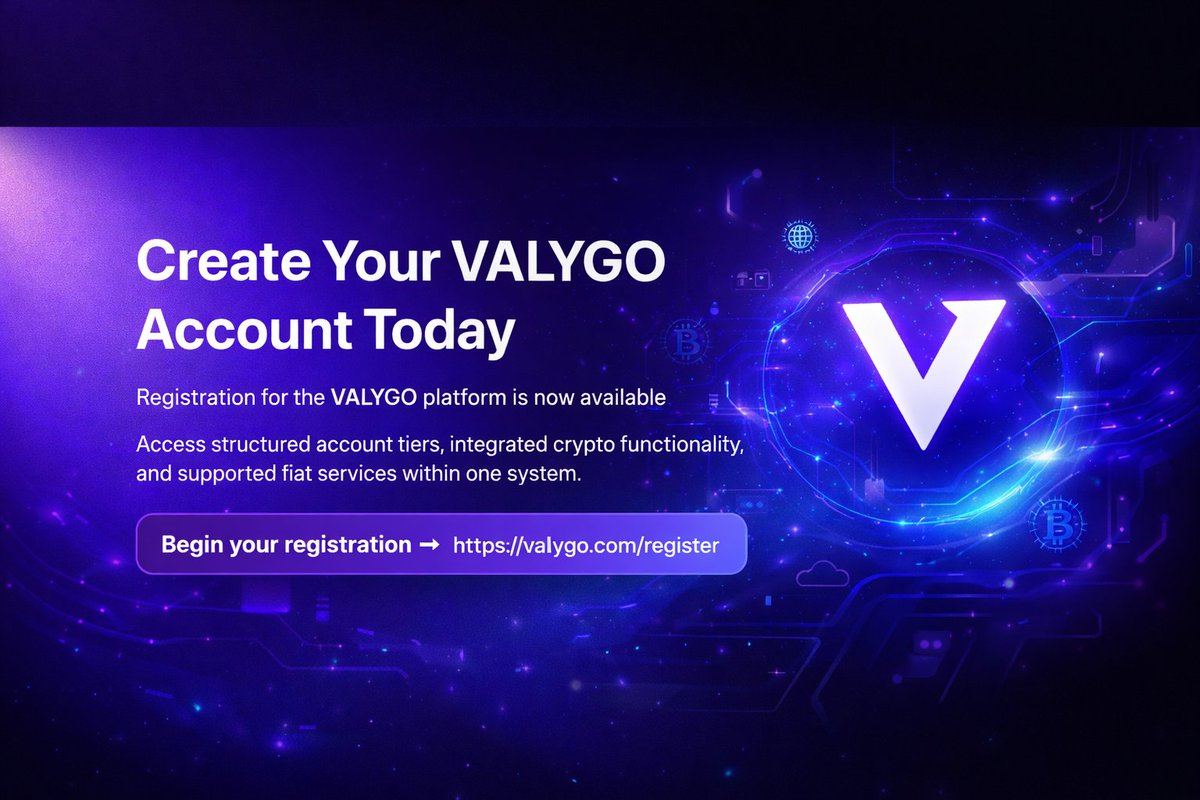 VALYGO_COM's tweet photo. Create Your VALYGO Account Today

Registration for the VALYGO platform is now available.

Users can access structured account tiers, integrated crypto functionality, supported fiat services, and card-based payment tools within one coordinated system.

Whether managing cross-border transactions, participating through VYO-linked tiers, or operating within defined subscription models, VALYGO provides a clear and organized account framework.

Begin your registration → https://t.co/SFqRuotlg6

#VALYGO #VYO #CryptoCommunity #Trending #Web3Community #Binance #BNB #Dexscreener #Payments