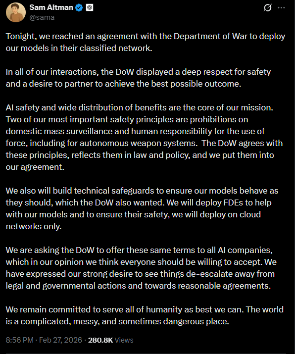 MarioNawfal's tweet photo. 🚨🇺🇸 BREAKING: OpenAI just reached a deal to deploy ChatGPT on the Pentagon's classified network. 

Anthropic refused the same terms and is taking the administration to court.

Sam Altman says they secured prohibitions on mass surveillance and autonomous weapons in writing.

Anthropic says no agreement could satisfy their red lines.

Trump threatened to blacklist Anthropic as a "supply chain risk," treatment usually reserved for foreign adversaries.

They have six months to be replaced.

Two AI companies.

Two very different answers to the same question.

One is now inside the classified network.

The other is headed to federal court.

The future of AI in warfare just got decided, and it wasn't by Congress.