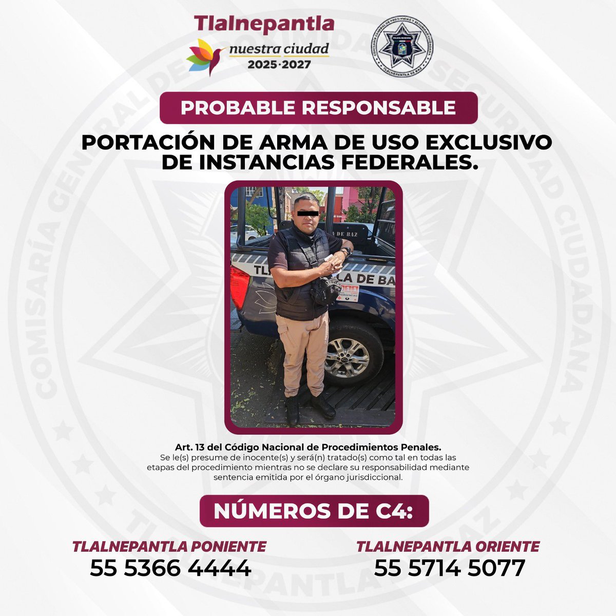 Gob_Tlalne's tweet photo. Elementos de la @SeguridadTlalne detuvieron a un hombre que portaba una pistola para uso exclusivo de instancias federales. 

El sujeto fue asegurado en flagrancia durante recorridos de vigilancia y prevención. https://t.co/lqRH3oAChn