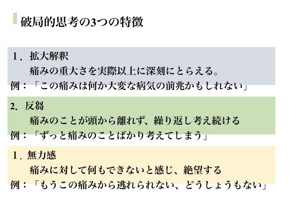 Indomitabl22948's tweet photo. 良かれと思い、かけている言葉が患者様を破局的思考にしているのかもしれない。
患者様を良くしていくためには必要な知識になります。 https://t.co/MUmYAJxP6J