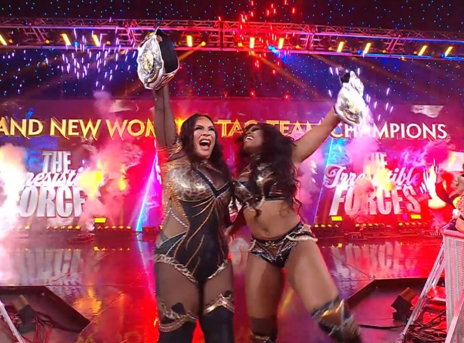 WrestleOps's tweet image. Lash Legend and Nia Jax have defeated Rhea Ripley and IYO SKY to become the new Women’s Tag Team Champions.

#SmackDown