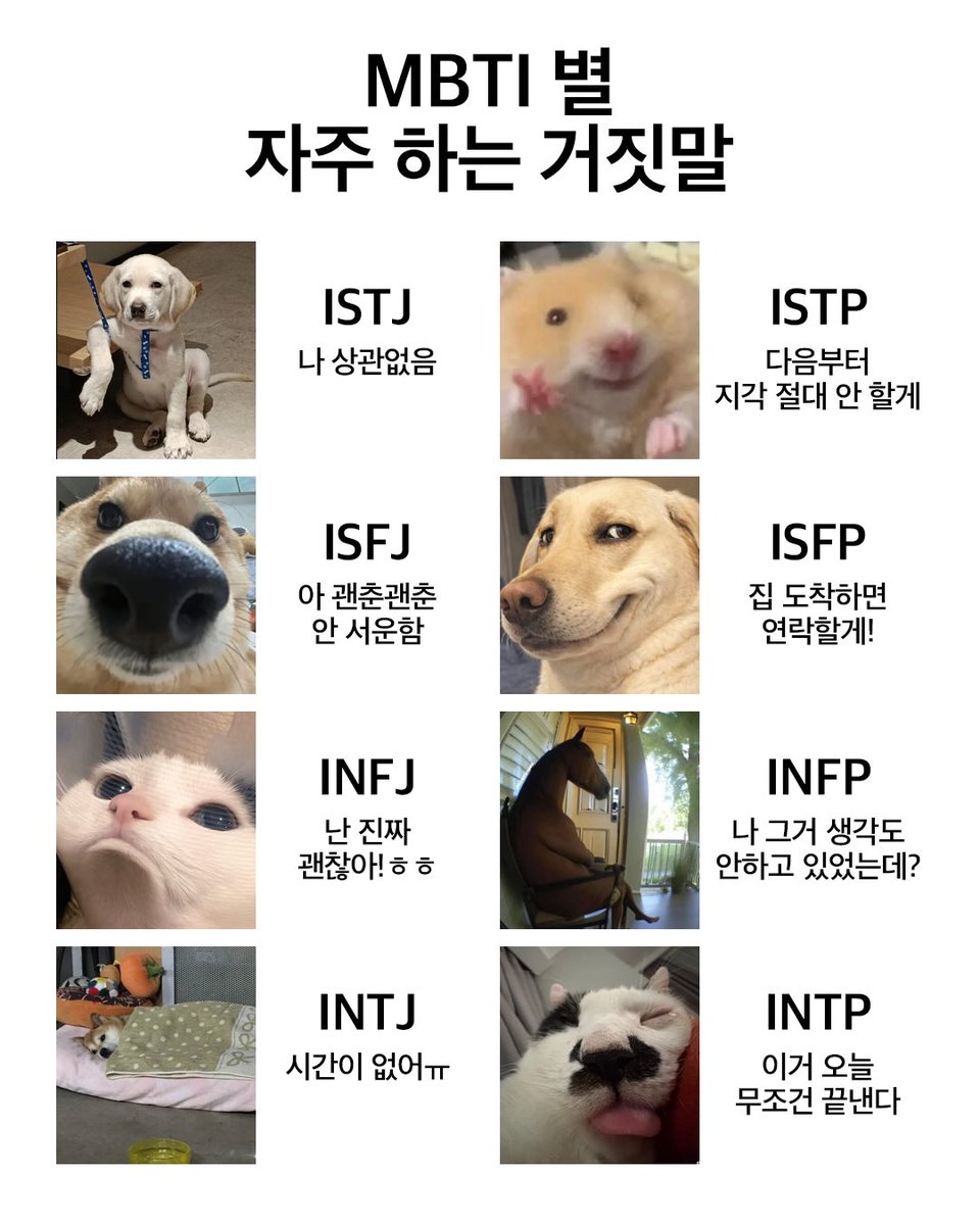 🐢🐍 มีอะไรมาให้อ่านในเรื่องแก้เบื่ออีกแล้วครับ พอดีว่าไปอ่านเจอแล้วรู้สึกว่าสนุกดีก็เลยอยากจะให้ทุกคนมาลองอ่านของตัวเองดูนะว่าตรงไหม 👀✨

“คำโกหกที่แต่ละ MBTI พูดบ่อย”
MBTI 별 자주 하는 거짓말 เวอร์ชั่นคำแปลและอธิบายเพิ่มเติม

ฝั่ง Introverts

ISTJ – “나 상관없음”