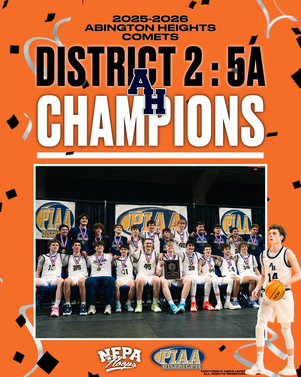 NEPAHoops's tweet photo. 2025-2026 DISTRICT 2 CLASS 5A BOYS’ CHAMPIONS 🏆 Abington Heights Comets

FINAL SCORE
Abington Heights 57
Crestwood 37

Four straight.

@AHCometsBBB pulled away in the second half to defeat Crestwood and secure its fourth consecutive District 2 Class 5A championship. The Comets led 37-27 at the end of the third quarter before closing strong to seal it.

Jordan Shaffer (@jordanshaffer0) and Andrew Kettel (@andrew_kettel14) got to work when it mattered most. Shaffer finished with 17 points, 18 rebounds, and 2 blocks — one rebound shy of the Mohegan Arena regulation record. Kettel added 16 points, 5 steals, and 3 assists in a complete two-way performance.

Miles Metz (@MilesMetz29) led Crestwood with 14 points.

The win also marks redemption in this matchup. Crestwood’s last district title came in 2021 via forfeit when @AHSDAthletics was unable to field a team due to COVID-19 protocols following the semifinal. This time, it was settled on the floor.

Head coach JC Show (@jokercat12) improves to 2-for-2 in district championship appearances in his first two seasons at the helm.

History for the Comets:
- 17th district title in program history
- 14th title in the past 19 seasons (since 2008)
- 4th straight championship

2023 – West Scranton
2024 – Dallas
2025 – Pittston Area
2026 – Crestwood

Another banner for Abington Heights.

#NEPAHoops 🏀