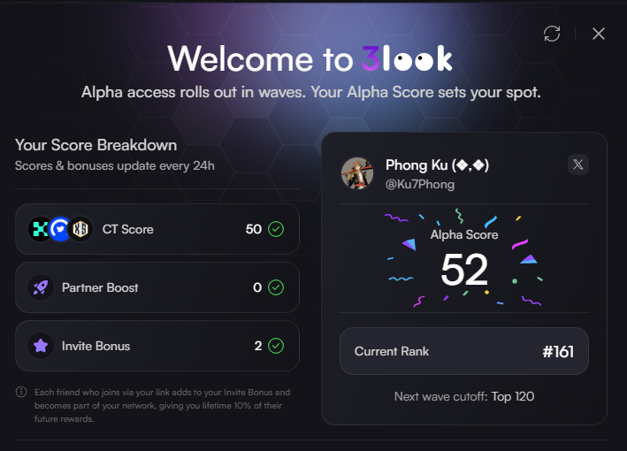 Sheesh, looking good here i'm coming to the top 💯

 Alpha Score 52 and climbing 📈
Rank #161 → Top 120 next

I'm locking in 🔒
See you at the top, <a href="/3look_io/">3look</a>  👀