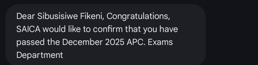 Phillipians 4:13 "For I can do everything through Christ, who gives me strength" 

3 attempts later, and I'm now eligible to register as a CA(SA) 😭❤️❤️❤️

GLORY TO GOD!!!
