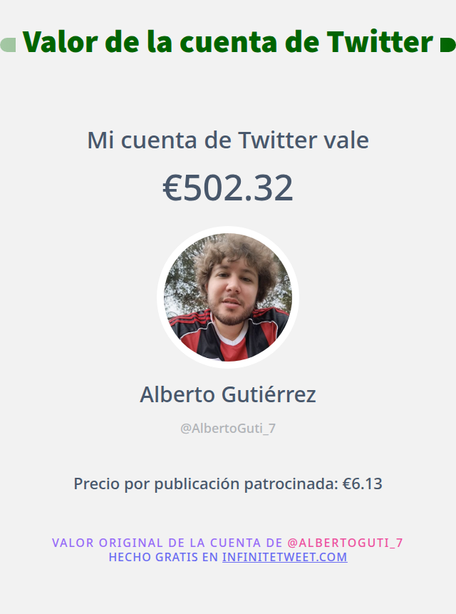Mi valor en Twitter es de: €502.32

➡️ infinitetweet.me/account-worth?…