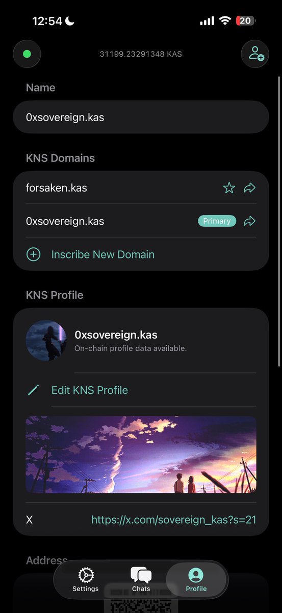 sovereign_kas's tweet photo. just created my @KaChat_ profile

it looks great 

if anyone wants to slide in my dms feel free 😉

does anyone know when we can send videos or photos on @KaChat_ https://t.co/i0K5cibd39