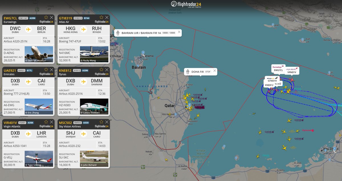 With Doha and Bahrain airspace closed 15+ flights are holding and waiting.