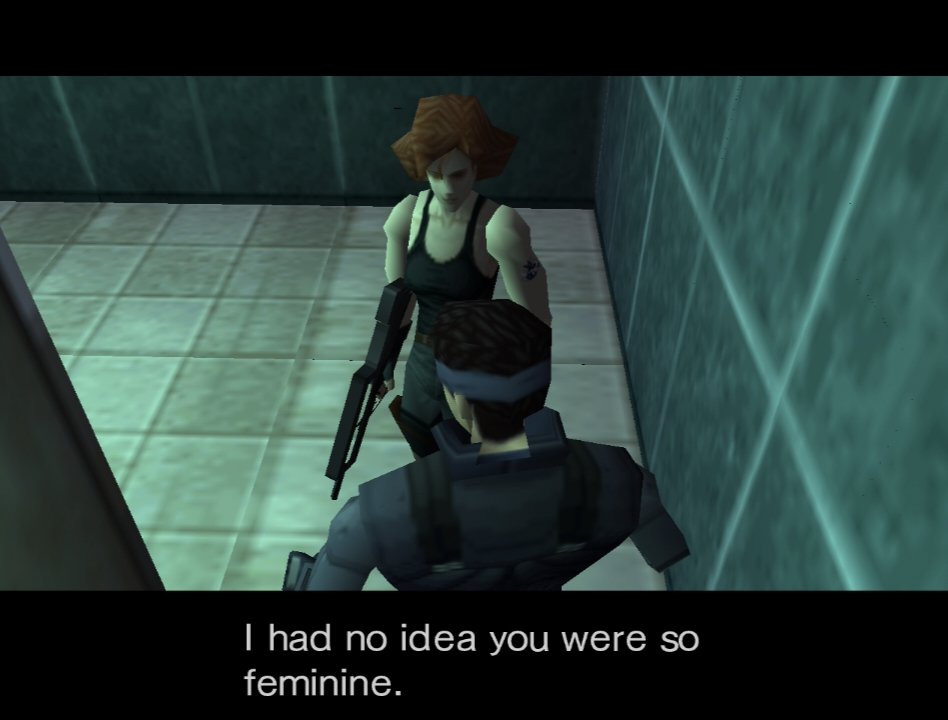 Впервые прохожу первый Metal Gear Solid, ожидания: шпионский техно-триллер
Реальность:
СИСЕЧКИ ПОПОЧКИ У НЕЕ ПОПОЧКА ПРОСВЕЧИВАЕТСЯ ЧЕРЕЗ ФОРМУ КЛАССНАЯ ПОПКА HUH