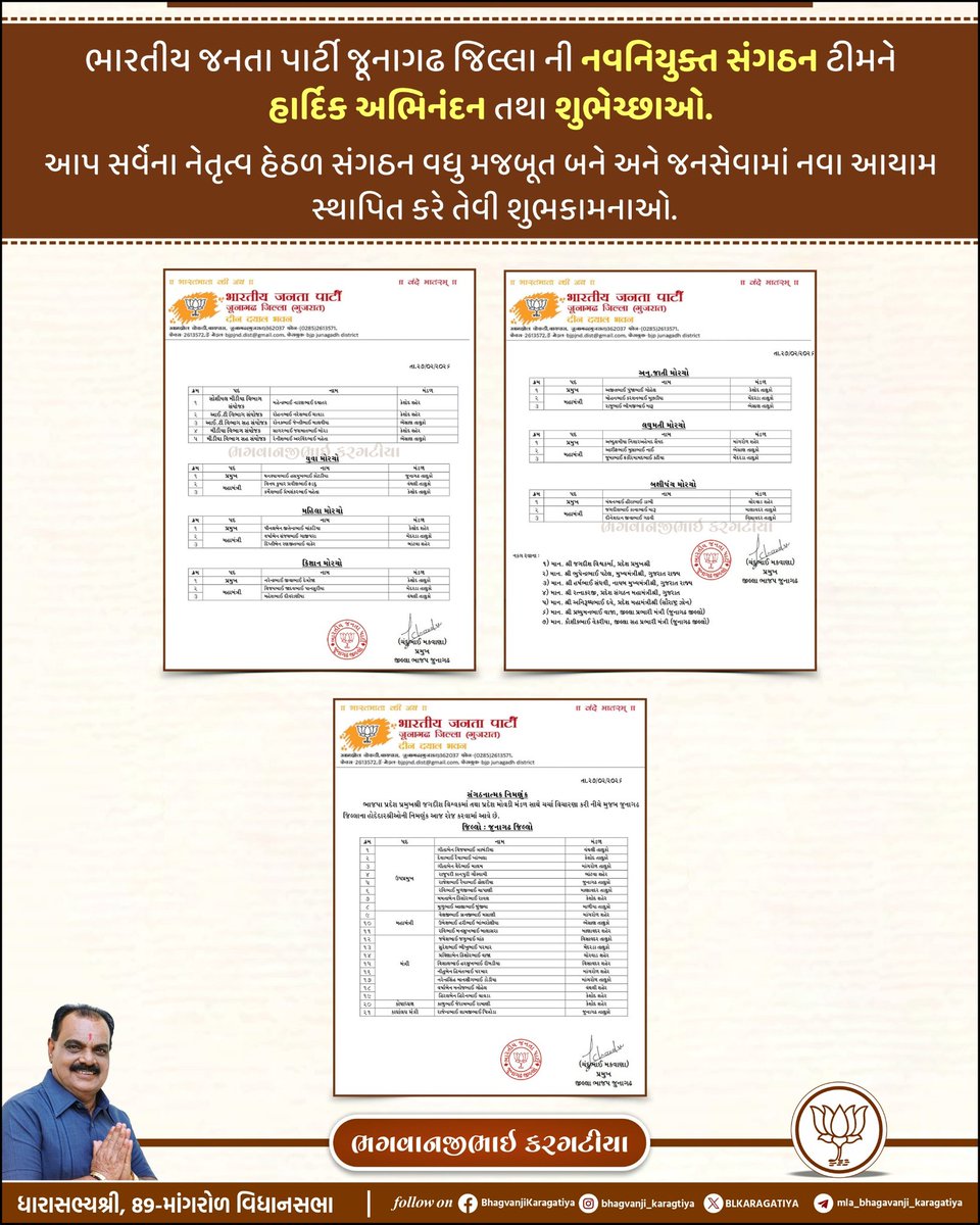 ભારતીય જનતા પાર્ટી જૂનાગઢ જિલ્લા ની નવનિયુક્ત સંગઠન ટીમને હાર્દિક અભિનંદન તથા શુભેચ્છાઓ.
આપ સર્વેના નેતૃત્વ હેઠળ સંગઠન વધુ મજબૂત બને અને જનસેવામાં નવા આયામ સ્થાપિત કરે તેવી શુભકામનાઓ.
#89mangrol #bhagvanjikargatiya #bjpjunagadh