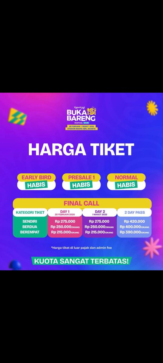 Wts want to sale tiket KLBB w/sheila on 7

Avail day1 n  day2 
Bisa COD
Trusted 
Ada GO
Testi bisa cek di Highlight IG/pinned X kpop_stores 
Minat bisa tanya2 dulu ke DM/WA 085794127180