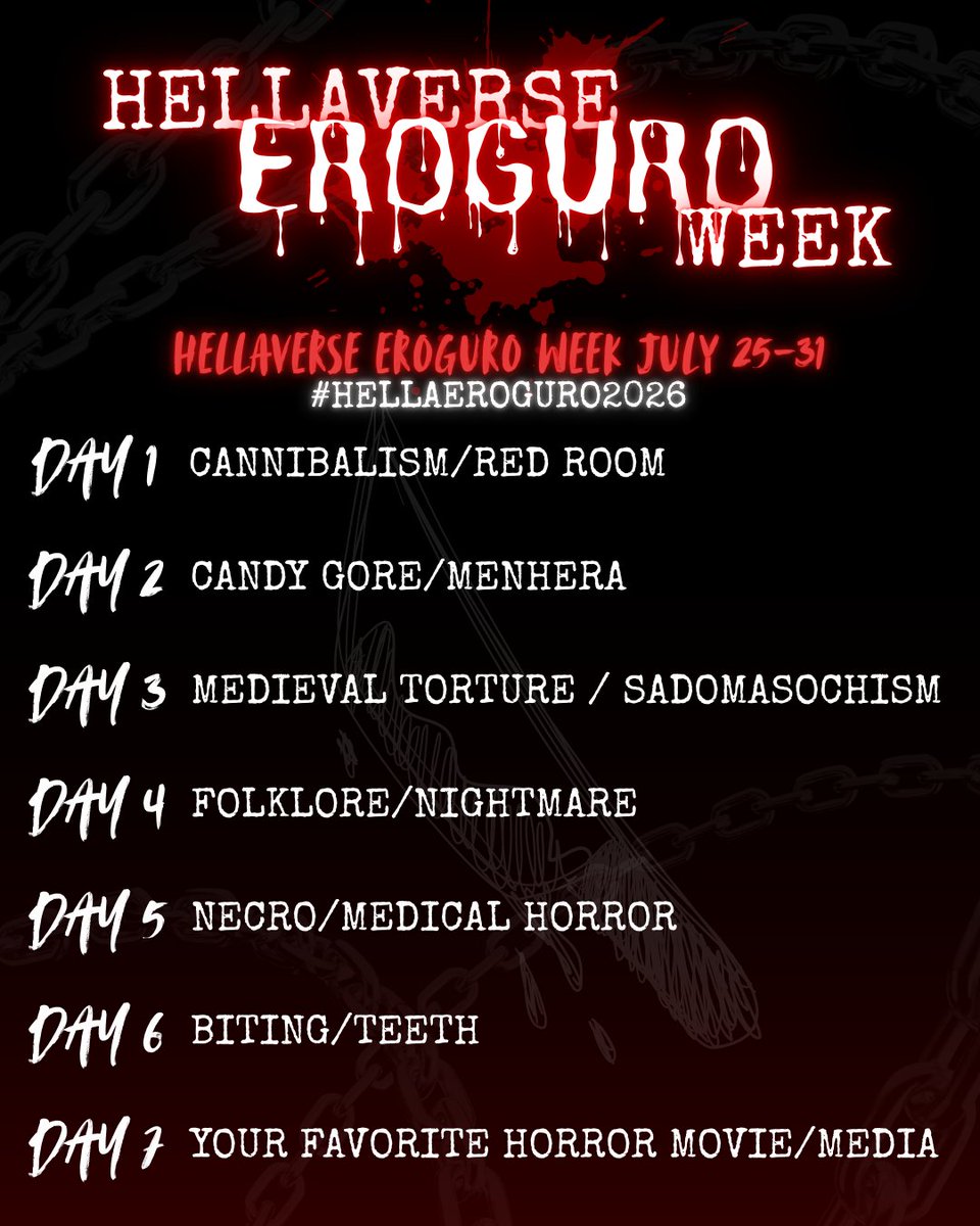 EroguroWeek's tweet photo. Hellaverse Lovers, Eroguro Lovers, we are BACK! 🩸
From July 25th - 31st, 2026, we're having Hellaverse Eroguro Week!  (Both Hazbin and Helluva!)

Use #HellaEroguro2026 for your entries!  (More info below!) https://t.co/9AKx0g2bZ4