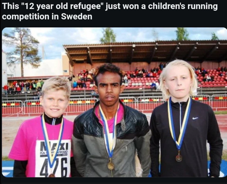 🇸🇪 En Suecia un “niño refugiado de 12 años” ganó una carrera infantil.

Después descubrieron que tenía más de 25.

Qué sorpresa no? Nadie se hubiese imaginado!

No es deporte.
No es integración.
Es lo que pasa cuando nadie controla nada.