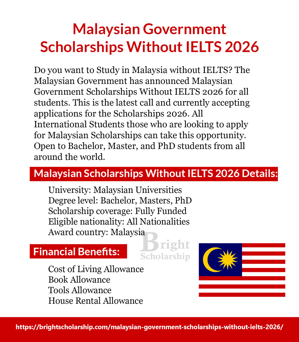 BrightSship's tweet photo. Malaysian Government Scholarships Without IELTS 2026

Degree level: Bachelor, Masters, PhD
Eligible nationality: All Nationalities
Award country: Malaysia

Apply Link: https://t.co/9KpDv4KUfF

#BrightScholarship #FullyFunded #Scholarship #Malaysia #Students https://t.co/IDtKNcEE9r