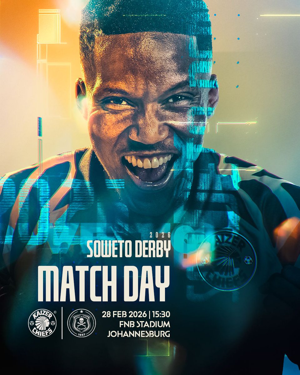 KaizerChiefs's tweet photo. Match Day!

🏆#BetwayPrem
⚽️Kaizer Chiefs vs. Orlando Pirates
👕First Team
🗓️Saturday 28 February 2026
🏟FNB Stadium 
🕞15h30
📺SuperSport 202, SABC 1
🎟SOLD OUT!
👨‍👨‍👦Family Zone
🚗Toyota Zone
📢Please come early!!

#Amakhosi4Life #SowetoDerby #AlwaysHome https://t.co/NIVVdHS1uI