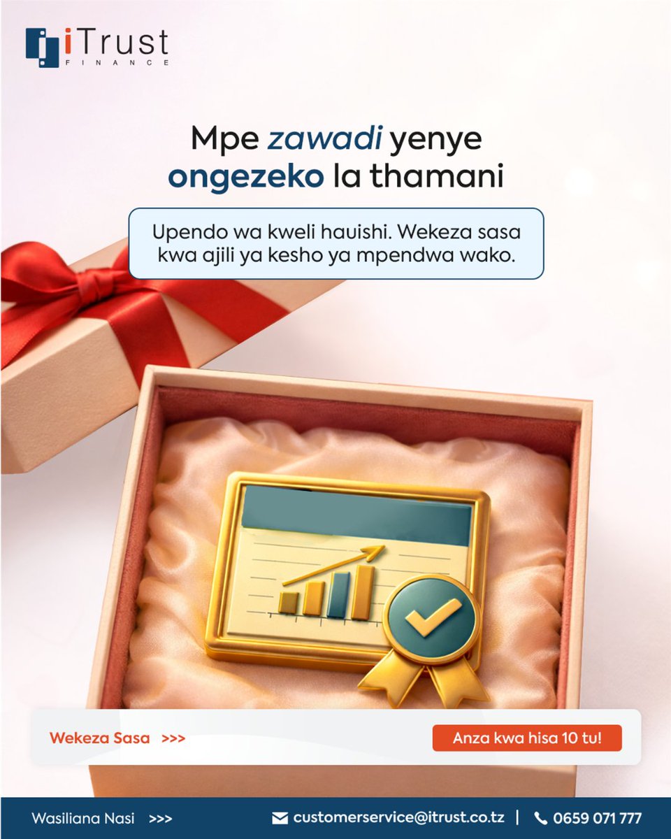 Mwezi wa upendo umefika mwisho, lakini hisa bado zipo sokoni. Endeleza upendo kwa kununua vipande vya IEACLC ETF kwa ajili ya mpendwa wako, mara kwa mara!

Tupigie tuongee kuhusu uwekezaji kupitia:
📧: customerservice@itrust.co.tz
📞: 0659 071 777

#iTrustFinance #TanzaniaInvests