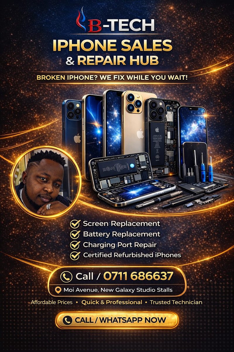 Broken iPhone? 📱💥 We Fix It While You Wait! ⚡
Fast &amp; trusted iPhone repairs in Nairobi.
✅ Screen Replacement
✅ Battery Replacement
✅ Charging Port Repair
✅ Certified Refurbished iPhones
📍 Moi Avenue
📲 0711 686637
DM now! 🔧✨ <a href="/B_techComputers/">B-Tech Computers</a>.