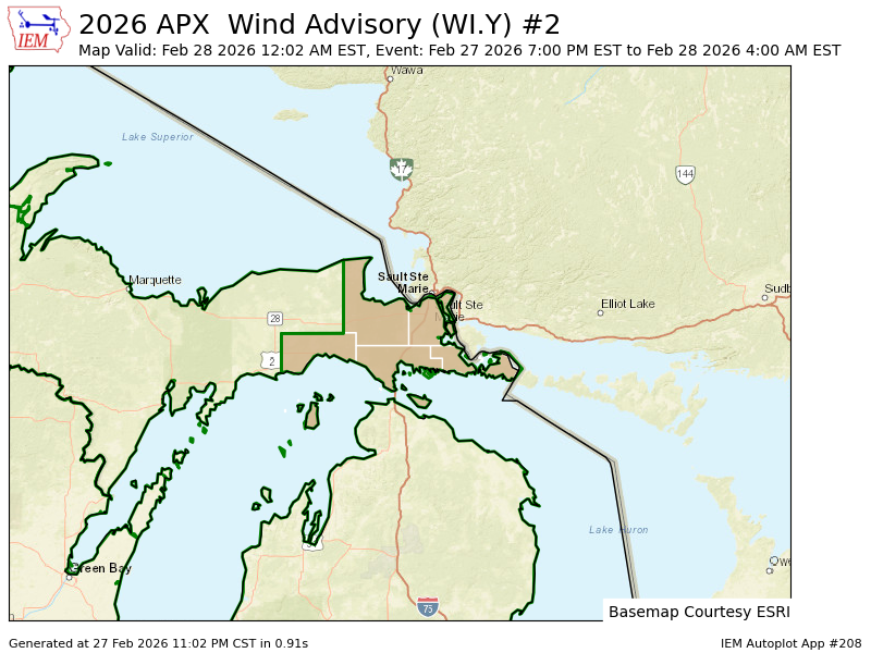 APX continues Wind Advisory for Beaver Island and surrounding islands, Central Chippewa, Eastern Mackinac, Mackinac Island/Bois Blanc Island, Southeast Chippewa, Western Chippewa, Western Mackinac [MI] till Feb 28, 4:00 AM EST mesonet.agron.iastate.edu/vtec/f/2026-O-…