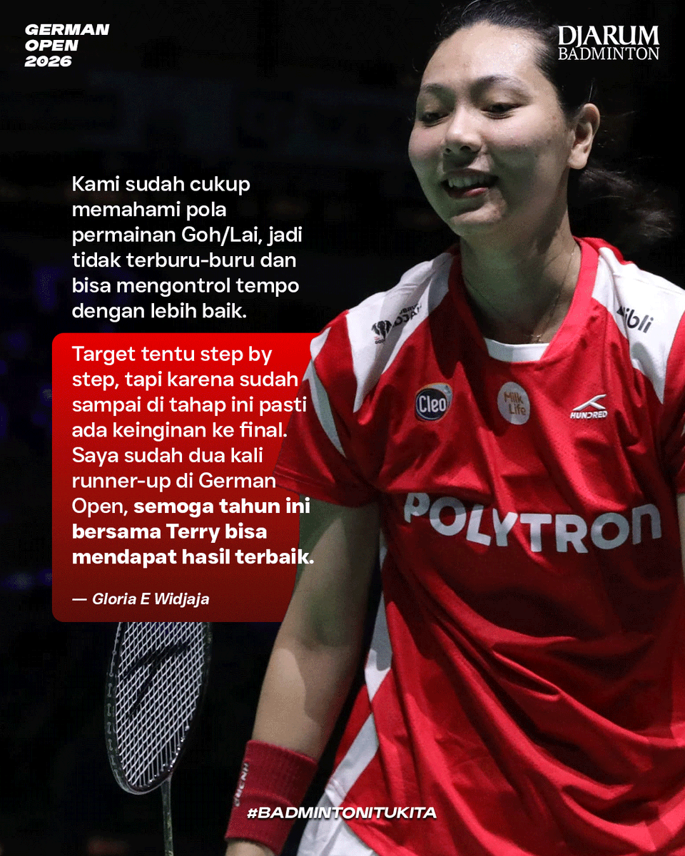Gloria /Hee , menyingkirkan unggulan kelima Goh Sun Huat/Lai Shevon Jemie dua gim langsung 21-17, 21-13 di perempat final.

Satu langkah lagi menuju final. 💪

Foto : Humas PP PBSI

 #BadmintonItuKita #GermanOpen2026 #gloriaemanuellewidjaja #heeyongkaiterry