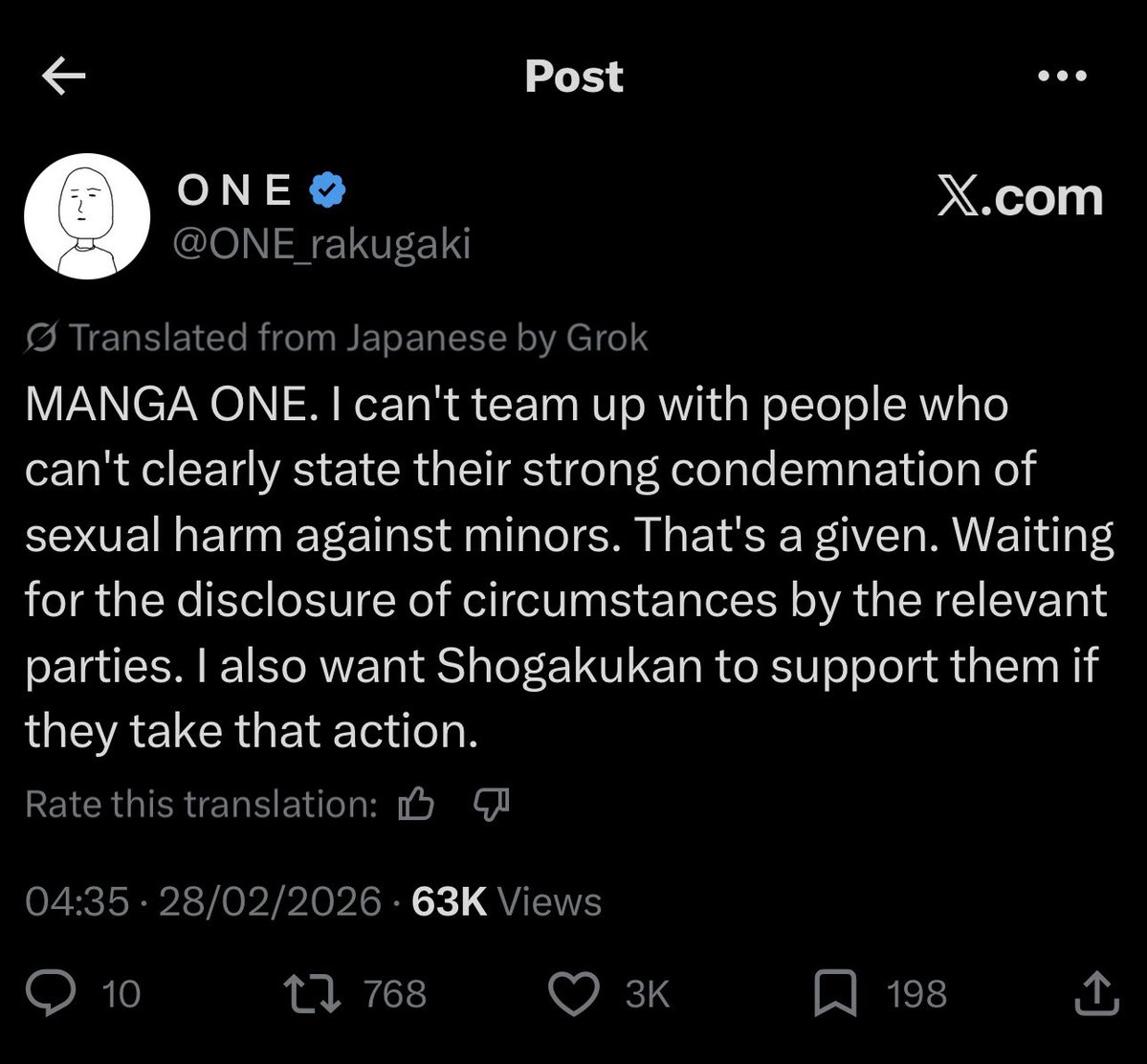 One Punch Man and Mob Psycho 100 author “ONE” has released a statement following the child sexual abuse scandal involving Daten Sakusen mangaka Shouichi Yamamoto:

“I will not team up with people who cannot clearly take a strong stance condemning sexual abuse of minors. That