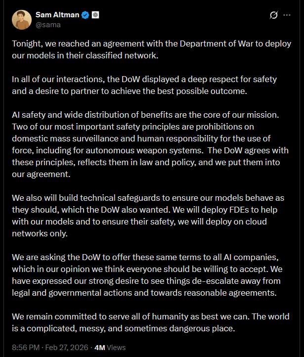 After not even 24 hours of the United States government going schizo on Anthropic for not making the killer robots and doing mass surveillance, a new contender has stepped up to the plate.

What company will help the United States government?

Drum roll please ... 

OpenAI!