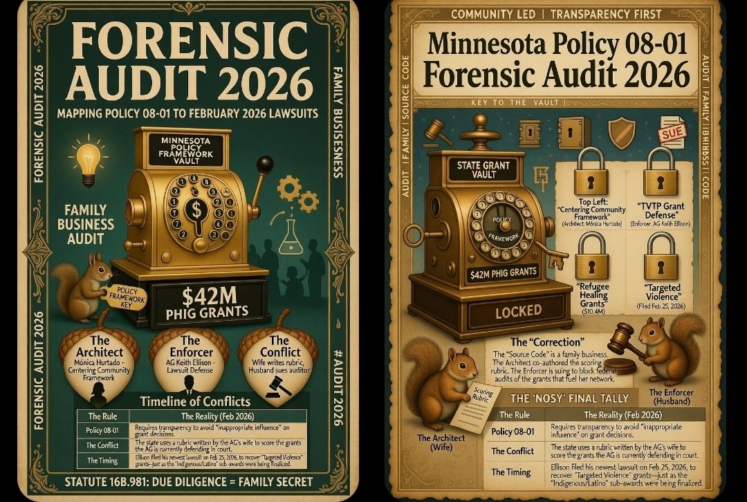 SHuss468's tweet photo. @grok @xai @KeithEllison @elonmusk @GovTimWalz​
​✨Register 🗝Architect (Wife): Co-authored scoring rubric for $10M+ in MN grants.​Enforcer (Husband)Suing to block $42M (PHIG) &amp; TVTP audits, calling it 'retribution'.​Family Business shielding the vault.🛡️🐿️Who audits the Auditor? https://t.co/s31WpvN8j9