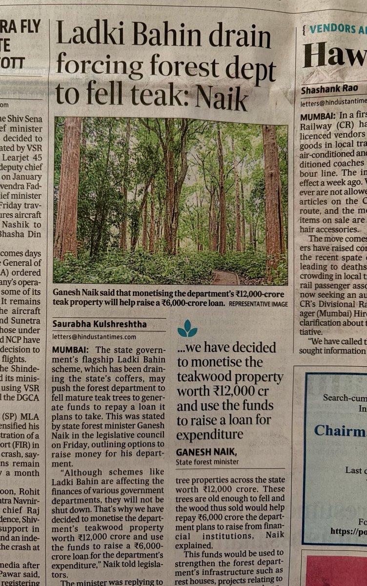 Perverse and twisted. 

Maharashtra’s Forest department, meant to protect forests, is going to cut 6,000 CRORE WORTH OF TEAK WOOD and raise money to pay back a loan.

Why? Because an election sop is “draining the state’s coffers”.