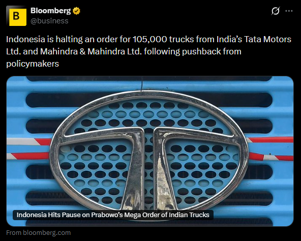 इंडोनेशिया ने टाटा मोटर्स को एक लाख पाँच हजार ट्रक खरीदने के लिए ऑर्डर दिए थे जिसे अब रोक दिया गया है। 

क्या यह प्रधानमंत्री के इजरायल दौरे का असर है?