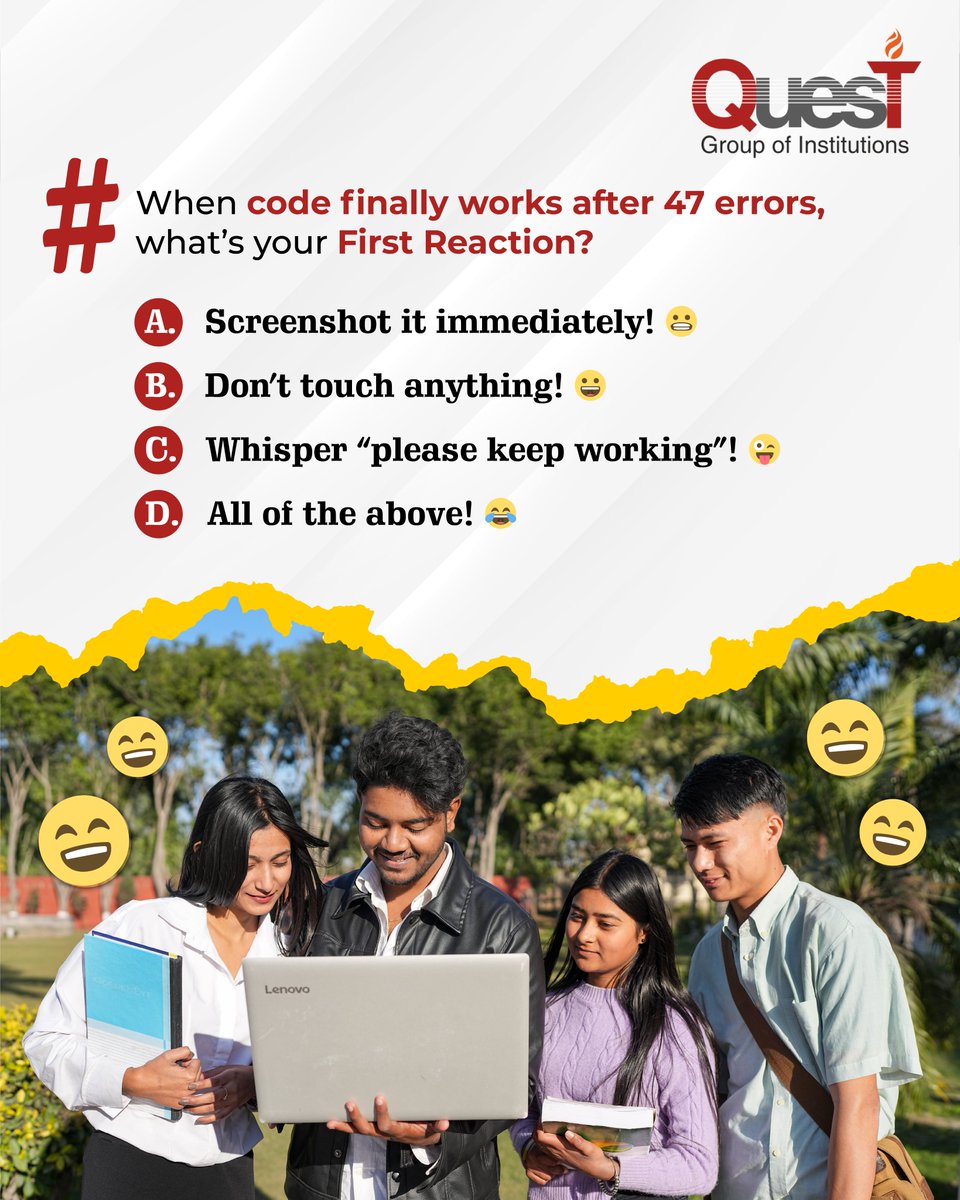QuestMohali's tweet photo. After battling bugs all night, your code finally works… for now 😬
Are you celebrating, backing it up, or pretending nothing happened? 😂

#CodeStruggles #DevHumor #ProgrammerMood #ITLife #DebuggingSuccess https://t.co/0f866o9IrK