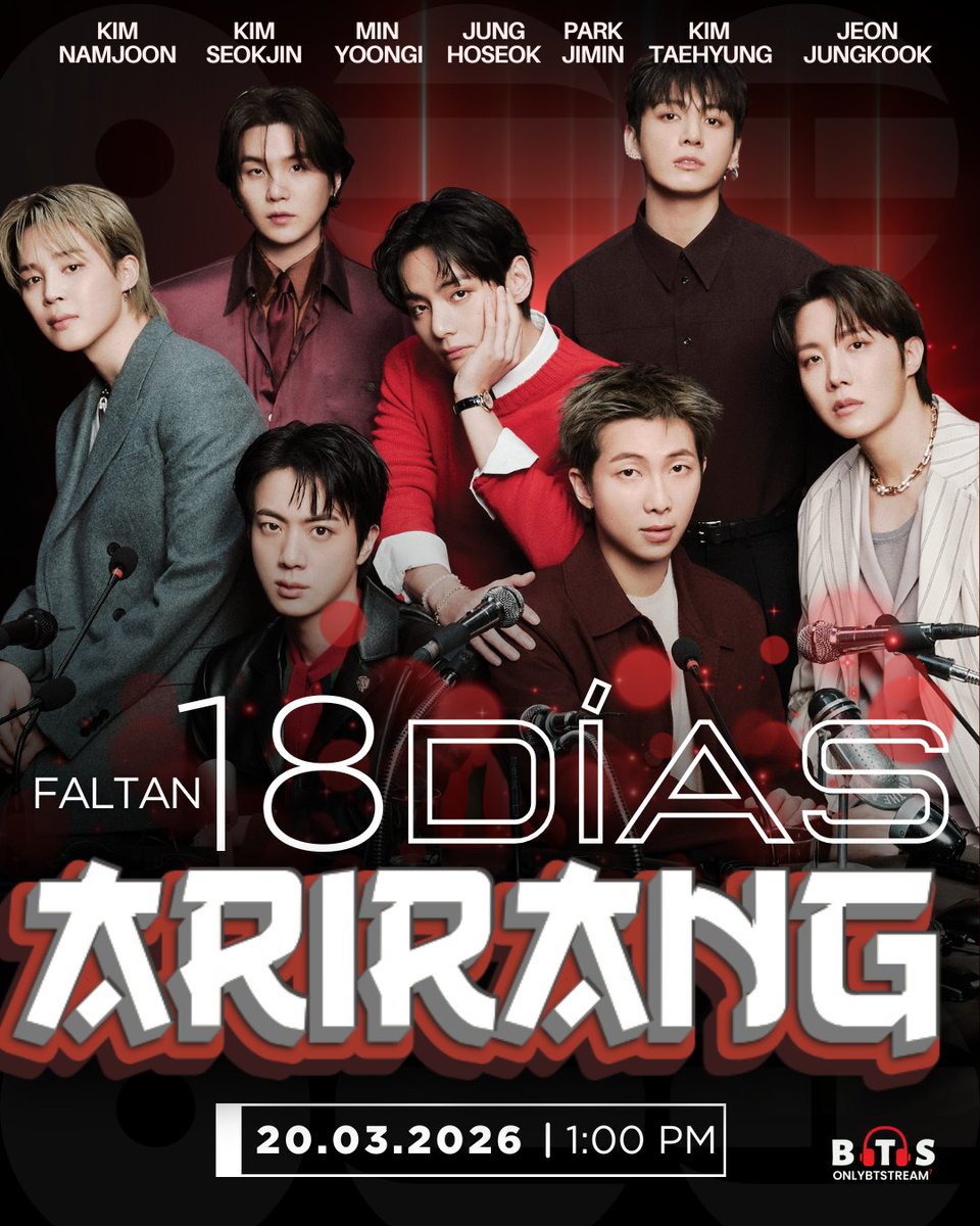 📢 Faltan 18 DÍAS para "ARIRANG" de <a href="/BTS_twt/">방탄소년단</a>

🗓️ Lanzamiento: 20 de marzo, 1 PM (KST)
🗓️ 19.03
10:00 PM 🇨🇷🇬🇹🇸🇻🇳🇮🇭🇳🇲🇽
11:00 PM 🇵🇪🇨🇴🇪🇨🇵🇦
🗓️ 20.03
00:00 AM 🇩🇴🇧🇴🇵🇷🇻🇪🇨🇺
01:00 AM 🇦🇷🇺🇾🇧🇷🇵🇾🇨🇱
06:00 AM 🇪🇸

— Pre-guarda:
🟢 Spotify:open.spotify.com/prerelease/1Dc…
🍎 Apple