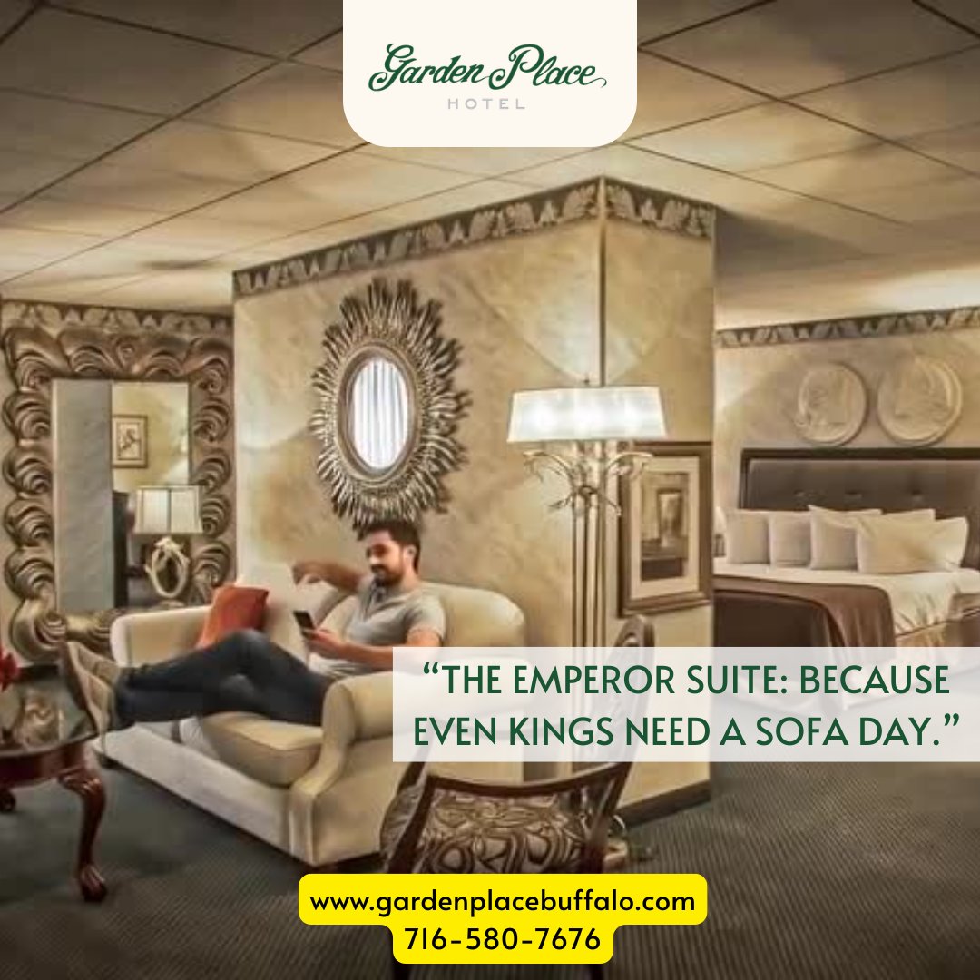 hotelbuffalony's tweet image. Even kings deserve a sofa day 👑🛋️! Book your stay in the luxurious Emperor Suite at Garden Place Hotel today.
📍 gardenplacebuffalo.com
📞 716-580-7676
#EmperorSuite #SofaDay #HotelLuxury #BuffaloNY #RelaxInStyle #StayInBuffalo