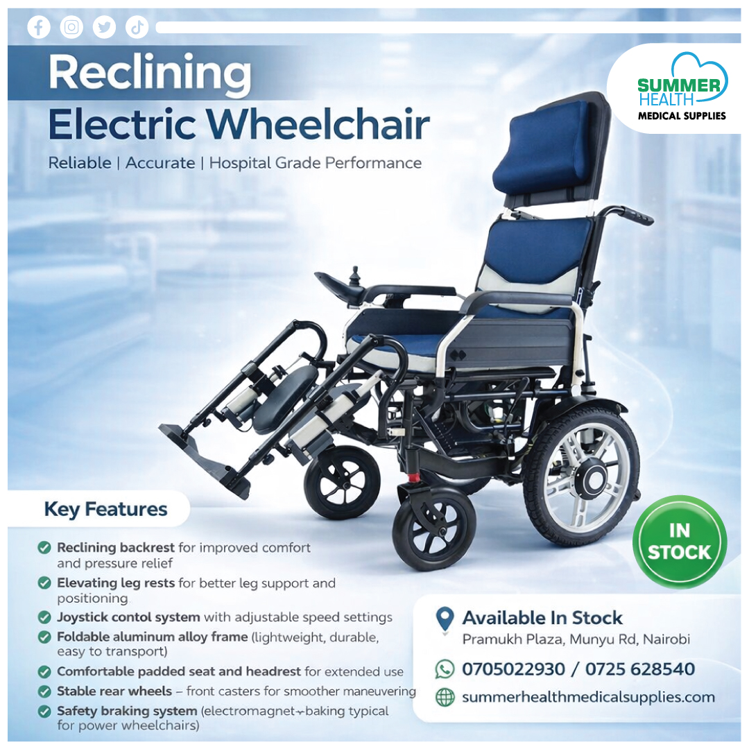 SummerHealthMed's tweet image. Regain comfort &amp;amp; independence with our Reclining Electric Wheelchair 🦽

🟢 IN STOCK
📍 Pramukh Plaza, Munyu Rd, Nairobi
📞 | 0725 628540
🌐 summerhealthmedicalsupplies.com

#MedicalEquipment #MobilitySupport #Nairobi #Healthcare