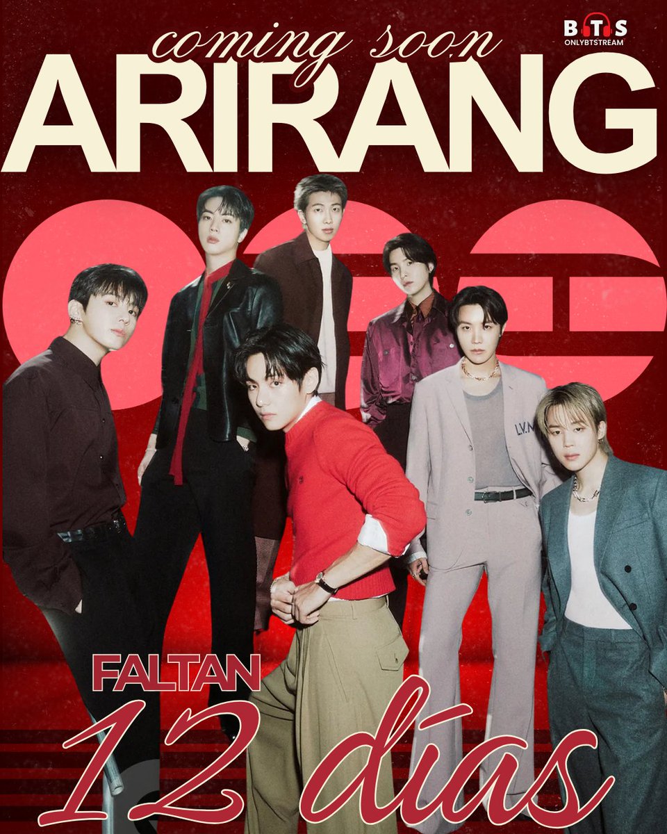 📢 Faltan 12 DÍAS para "ARIRANG" de <a href="/BTS_twt/">방탄소년단</a>

🗓️ Lanzamiento: 20 de marzo, 1 PM (KST)
🗓️ 19.03
10:00 PM 🇨🇷🇬🇹🇸🇻🇳🇮🇭🇳🇲🇽
11:00 PM 🇵🇪🇨🇴🇪🇨🇵🇦
🗓️ 20.03
00:00 AM 🇩🇴🇧🇴🇵🇷🇻🇪🇨🇺
01:00 AM 🇦🇷🇺🇾🇧🇷🇵🇾🇨🇱
06:00 AM 🇪🇸

— Pre-guarda:
🟢 Spotify:open.spotify.com/prerelease/1Dc…
🍎 Apple