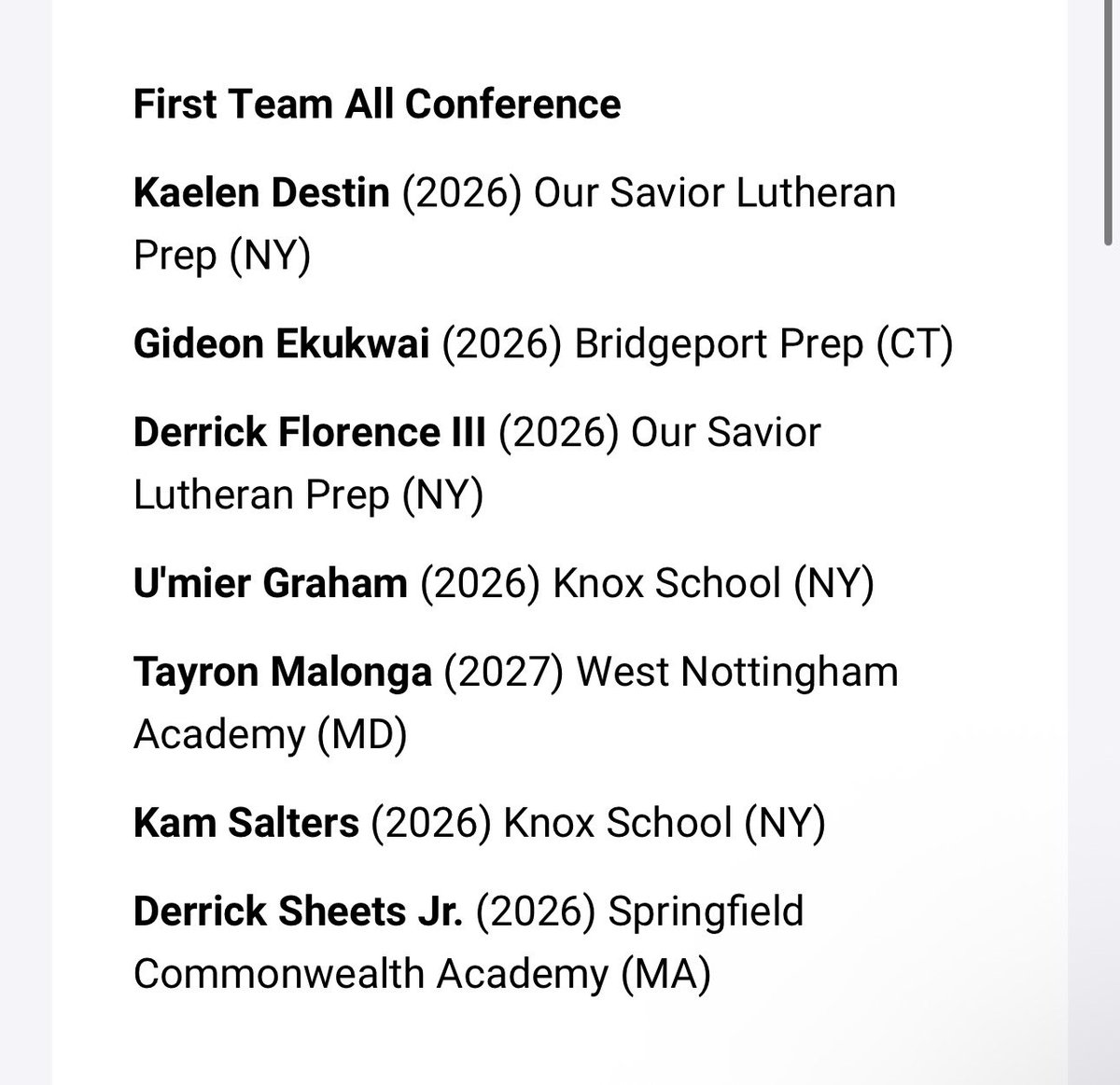 Tay_mlg's tweet photo. Thanks to my coaches, my teammates, my family and all the people that support me, I’ve been honored by being the only C/O 2027 player in the Power 5 AAA 1st Team All Conference, and All Defensive Team. Just getting started.
@CoachJonesWNA @CoachLeedham @NEPrepBB https://t.co/cfW8q0PR2A