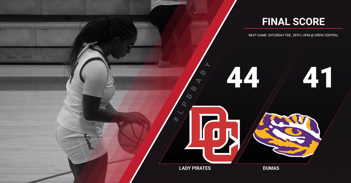 LPBbaby's tweet photo. FINAL SCORE! The Drew Central Lady Pirates defeated the Dumas Bobcats with a score of 44-41! Next up: REGIONAL FINALS Saturday Feb 28th at 6 PM @ Drew Central. Keep the spirit high! #LPBbaby https://t.co/FHMnfCXgcw