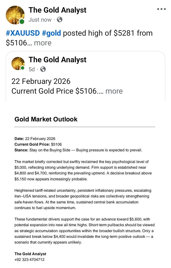 TheGoldAnalyst1's tweet photo. Xauusd posted high of $5281 from $5106 https://t.co/9U5sdEl8n3