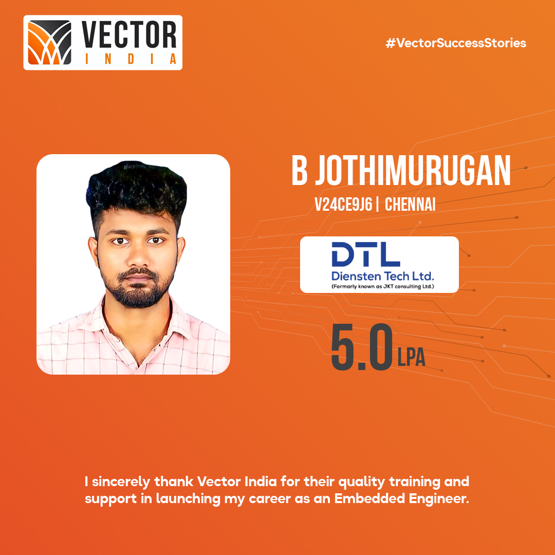Vector_India's tweet photo. B. Jothimurugan (Chennai) placed at Diensten Tech Ltd with 5.0 LPA
Trained in C, Embedded C, Microcontrollers, Linux & RTOS now industry-ready as an Embedded Engineer We build careers We build Embedded Experts
#VectorSuccessStories #EmbeddedSystems #EmbeddedEngineer #CProgramming https://t.co/fn7migGnaF