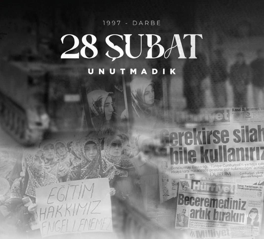 İnancından dolayı insanlar fişlendi. . .
Başörtülü öğrenciler okullara alınmadı. . .
Sincan sokaklarında tanklar yürüdü. . .

"Bin yıl sürecek" denildi. . . 

Türkiye siyasetinde derin izler bırakan #28Şubat 'ın üzerinden tam 29 yıl geçti. . .