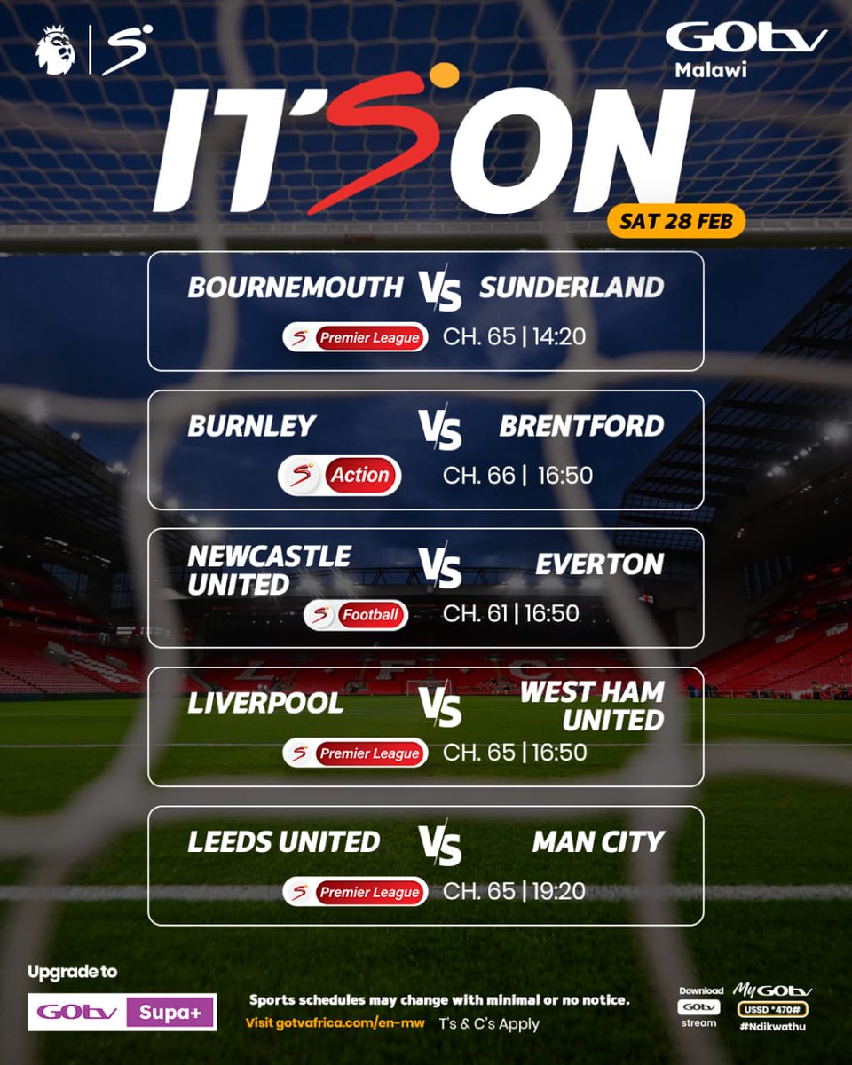 gotv_malawi's tweet photo. ⚽ Saturday Football Madness! 🔥
It’s matchday! Watch Liverpool, Newcastle, Leeds, Burnley and more battle it out on the pitch. Every goal, every tackle, every moment – don’t miss it!
#PremierLeague #SaturdayFootball #PLAction #FootballFever #GoalRush https://t.co/Y5Nf8KKwbo
