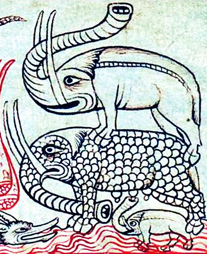 A whole family of ‘elephants done by a medieval artist that had never seen one’   -   13th century, The Reiner Musterbuch, ÖNB, Cod. 507, f. 3v
