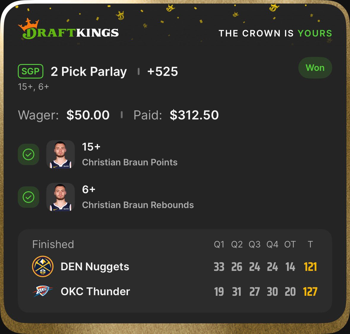 Christian. Fucking. Braun.

Cash the twitter play 🥳🥳🥳

$100 👉 $2,362.50 📈📈

What a way to cash it‼️

Tap in with The Vatican 👇

Sharpduel.com/TheVatican