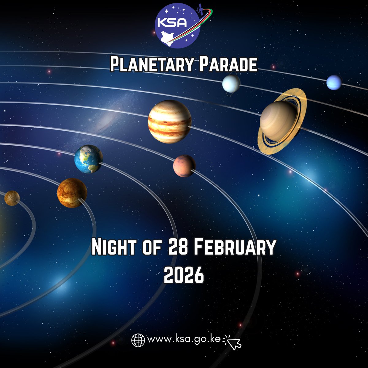PLANETARY PARADE ! 

Tonight, Saturday, February 28 2026, six planets will align in the western sky  after sunset, creating a rare and spectacular celestial display. Mercury, Venus, Jupiter, Saturn, Uranus, and Neptune will appear together in what is known as a “planetary