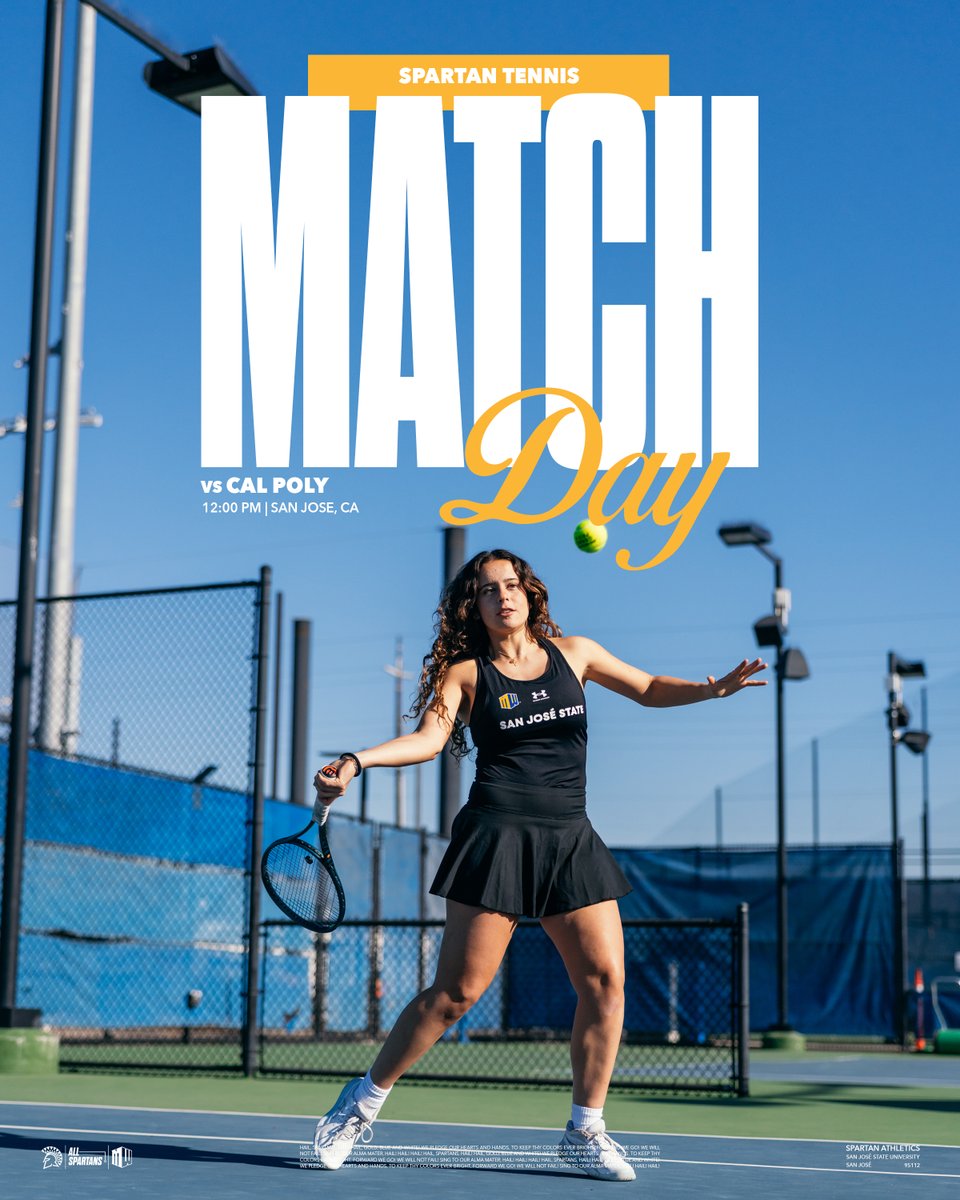 Saddle up 🏇🤟

🆚 Cal Poly
⏰ 12:00 p.m. 
📍 San Jose, Calif. 
🏟️ Spartan Tennis Complex
📊 bit.ly/49LP0Aw

#AllSpartans