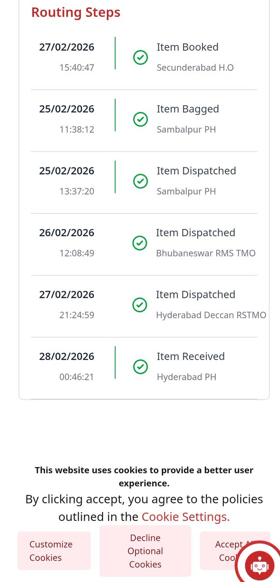 imekarthik's tweet photo. Impressive tracking system.
Parcel shows movement at Sambalpur PH on 25/02/2026 and Bhubaneswar RMS on 26/02/2026, but it was officially booked at Secunderabad H.O on 27/02/2026.
How can it travel before being booked?
Is this logistics innovation or incorrect tracking data? https://t.co/EOCyjK7Tzl