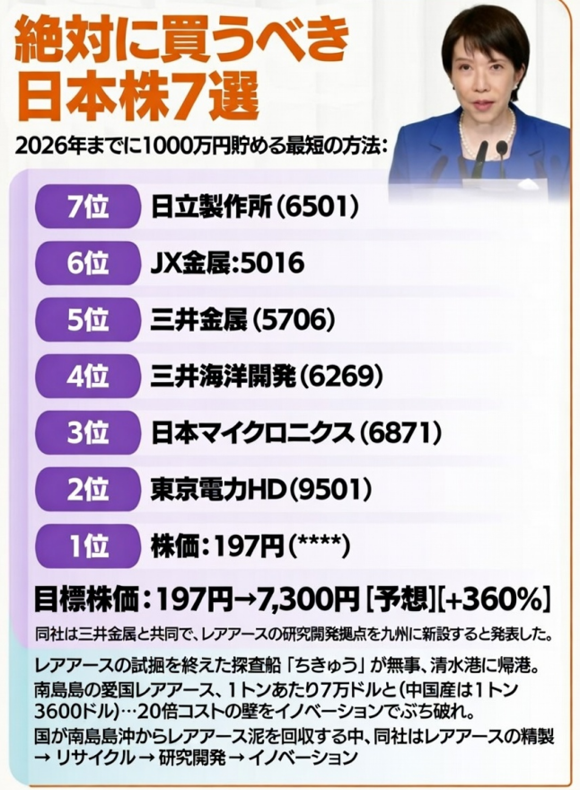 Japanstock66's tweet image. 来た！来た！大きな上昇の波が……
絶対に買うべき日本株7選
2026年までに1000万円貯める最短の方法：
🔥7位：日立製作所（6501）
🔥6位：JX金属:5016
🔥5位：三井金属（5706）
🔥4位：三井海洋開発（6269）
🔥3位：日本マイクロニクス（6871）
🔥2位：東京電力HD（9501）
🔥1位：株価：197円（****）