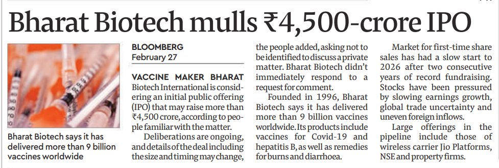 Bharat Biotech Weighs ₹4,500 Crore IPO Amid Active Listing Pipeline

Bharat Biotech is considering an initial public offering (IPO) that could raise over ₹4,500 crore, according to sources.

Discussions are ongoing, and details such as size and timing of the issue may change.