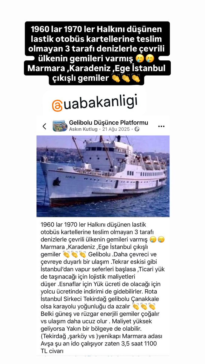 1960 lar 1970 ler Halkını düşünen lastik otobüs kartellerine teslim olmayan 3 tarafı denizlerle çevrili ülkenin gemileri varmış 🥲🥲 Marmara ,Karadeniz ,Ege İstanbul çıkışlı gemiler 👏👏👏 <a href="/aydinagaoglu/">Aydın Ağaoğlu (DM KAPALI)</a> <a href="/UABakanligi/">T.C. Ulaştırma ve Altyapı Bakanlığı</a> 
Denizyolu yolcu ve yük taşımacılığı